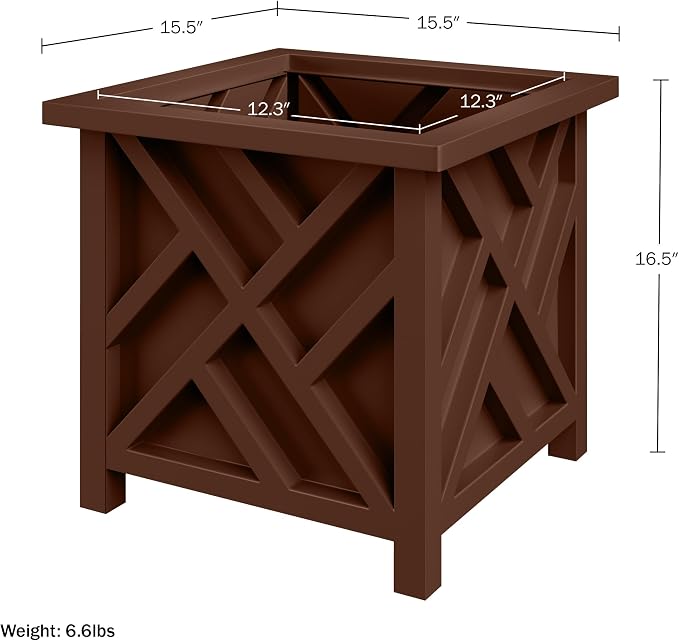 Lattice Design Planter Box - 15.5-Inch-Square Decorative Outdoor Flower or Plant Pot - Front Porch, Patio, and Garden Decor by Pure Garden (Brown)