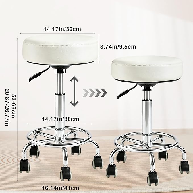 Adjustable Rolling Stool with Wheels Heavy Duty 500lb Round RollingStool with Footrest, Patent Leather Drafting Stool Chair with Wheels Work Spa Salon Seat,White