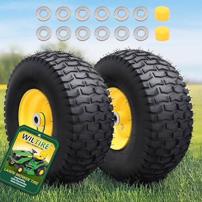 15x6.00-6 Tubeless Tire and Wheel Assembly(2 Pack) ，Replacement Riding Lawn Mower Front Tires,Compatible withRiding Mowers and Lawn Tractor, 3" Offset Hub and 3/4" Bushings（Yellow)