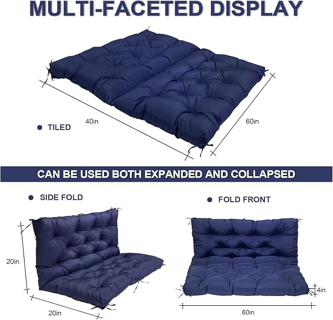 Porch Replacement Swing Cushions for Outdoor: 2-3 Seater Garden Waterproof Patio Bench Cushion with Ties - 4" Thick Swing Chair Cushion for Backyard Furniture Loveseat