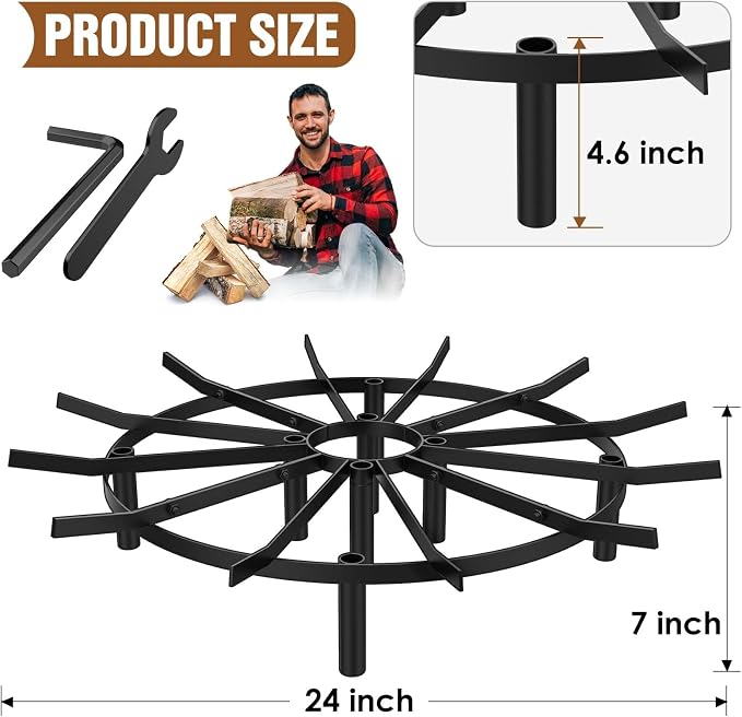 24" Round Fire Pit Grate - 8-Leg Design with 12 Bars, Reinforced Rim & High-Temp Powder Coat for Ultimate Stability & Safety - Ideal for Fireplace, Hearth, Wood Stove and Outdoor Campfire