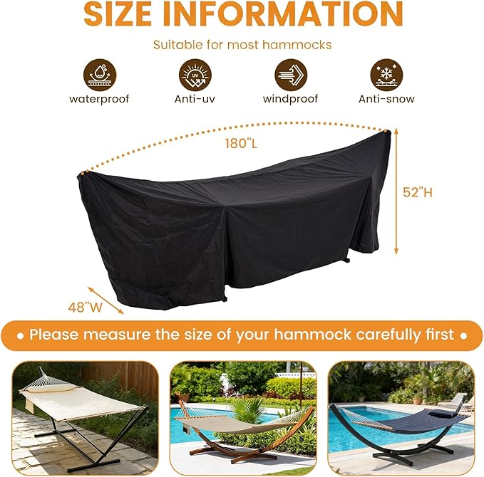 Lazy Daze Hammocks 420D Oxford Waterproof Hammock and Stand Cover, All-Weather Outdoor Protector with Securing Buckles Straps & Elastic Rope, UV and Dust Resistant, Fits 13-15FT Stands, Black
