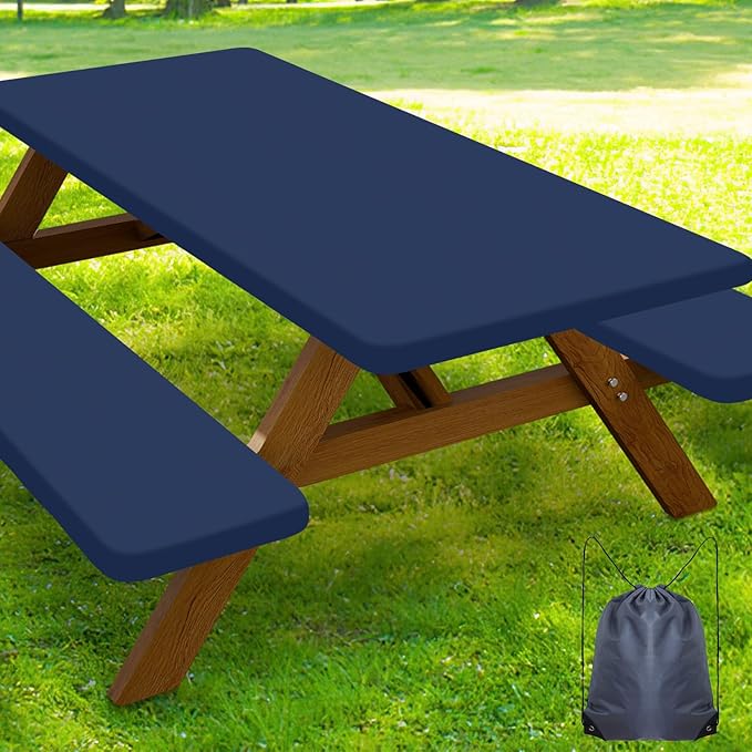 Smiry Picnic Table Cover with Bench Covers, Waterproof Elastic Fitted Polyester Tablecloths for 5 Ft Rectangle Tables, Washable Windproof Tablecloth for Outdoor, RV & Camping (Navy, 30x60 Inches)