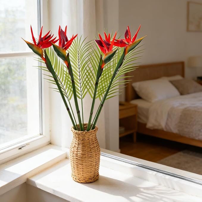 8 PCS Bird of Paradise Artificial Plant Combo Palm Leaves,4 Faux Bird of Paradise Plant with 4 Artificial Palm Leaves for Wedding Garden Office Home Indoor and Outdoor Decor(Red)