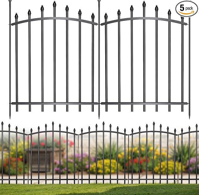5 Panels，No Dig Edging Decorative Garden Fence，32 in （H） x 24 in（L），Metal Rustproof Panel，Outdoor Dog Fence，Animal Isolation Fence Suitable for Gardens，Roman Column Black