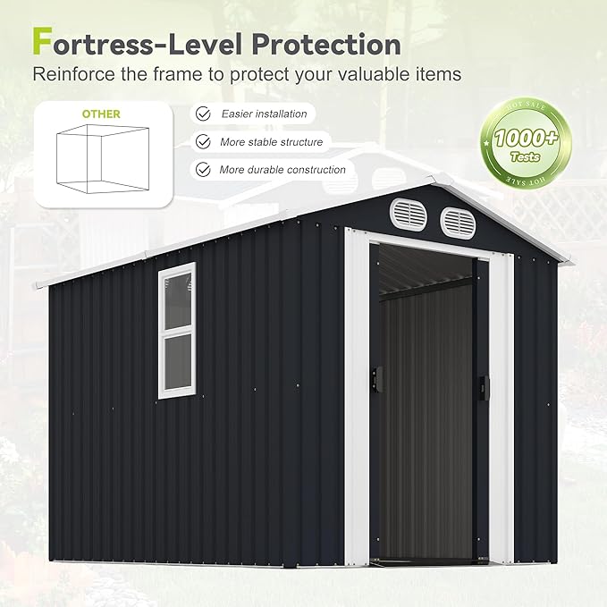 KEIKI 8x6 FT Outdoor Storage Shed, Metal Garden Shed, Heavy Duty Tool Shed, Lockable Weatherproof Storage House with Air Vents for Backyard Patio Outdoor Storage, Dark Gray