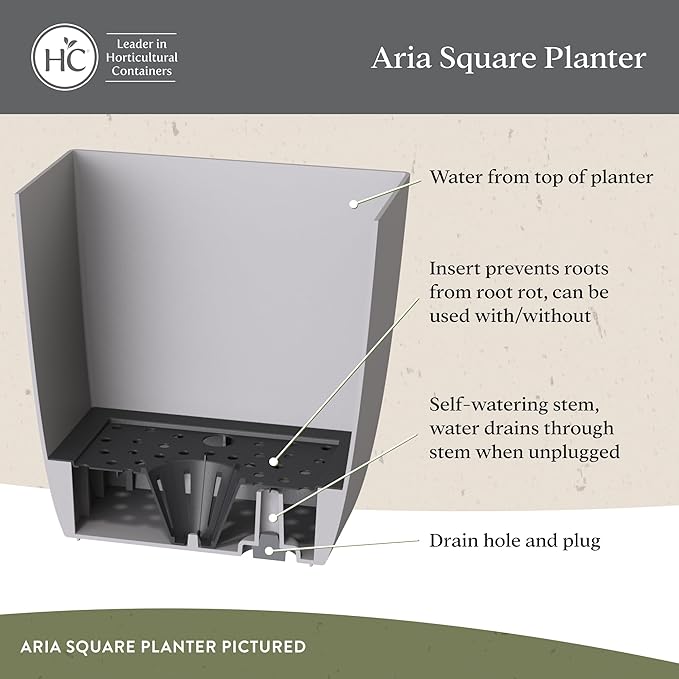 The HC Companies Aria Self Watering Square Plant Pot w/Drainage - Classic Planters for Outdoor Plants & Indoor Plants - Lightweight & UV-Resistant Plastic Pots for Plants (8" Matte Black, Pack of 2)