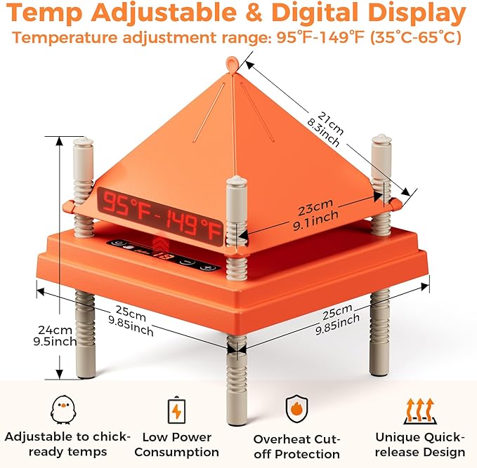Smart Chick Brooder Heating Plate 10"x10" with Digital Temp Control (95℉-149℉), Stepless Adjustable Height & Anti-Roosting Cone, Mother Hen Chick Heater for Up to 15 Chicks