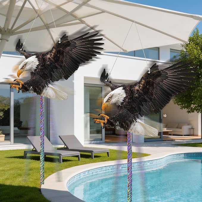 Fake Eagle to Scare Pigeon Woodpecker, 5 Pcs Flat Paper Hanging Fake Eagle with Reflective Tape to Keep Animals Away, Waterproof Outdoor Decor for Balcony Garden Window Patio Backyard Front Porch