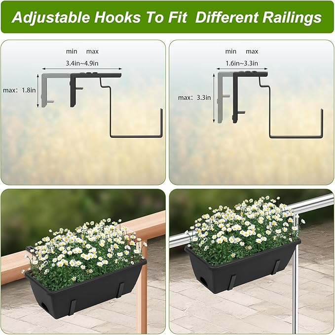 6 Pack Deck Railing Planter Boxes Black Window Boxes Planter Boxes with Adjustable Brackets, Outdoor Garden Fence Planters with Drainage Holes for Flowers, Herbs, Strawberry