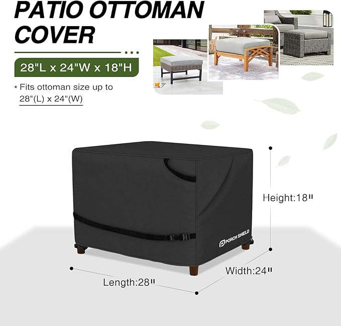 Porch Shield Patio Ottoman Cover - Waterproof Outdoor Rectangular Side Table Covers – 28L x 24W x 18H inch, Black