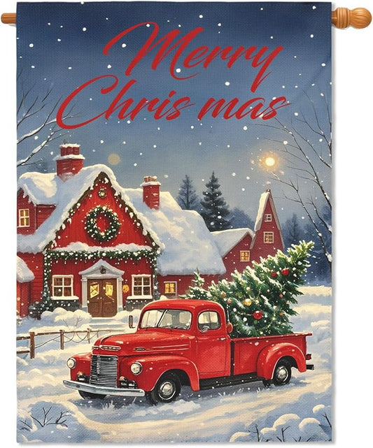 Merry Christmas House Flag 28x40 Inch Red Truck House Xmas Winter Holiday Seasonal Theme Decorative Garden Flags for Outside Double Sided Outdoor Home Farmhouse Decoration Porch Yard Decor