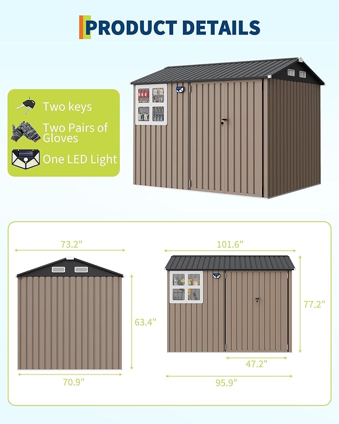 6x8FT Metal Storage Shed with Sloped Roof, Lockable Doors, Solar Light, Windows, and Vents, Outdoor Storage Sheds for Garden, Backyard, Patio Tools and Equipment