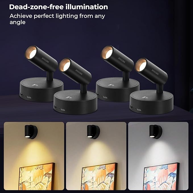 4Pack Spot Lights Indoor for Paintings, LED Rechargeable Grow Lights for Indoor Plants - Dimmable Spotlights for Artwork, Plants, Trees, 3 Colors & Dimmable, 350° Rotatable (Black)