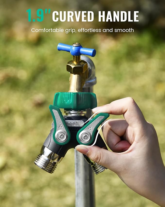 RAINPOINT Garden Hose Splitter 2 Way Heavy Duty, 3/4'' Connector Water Hose Bib Y Spigot Splitter with Shut-Off Valve, 100% Metal Body Outdoor Water Faucet Adapter Fittings (2 Pack)