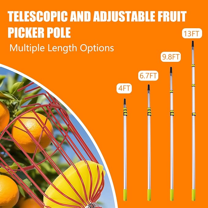 WodGod 13FT Telescopic Fruit Picker with Wire Basket and Bag Basket,Adjustable Fruit Picker Pole with Basket Telescoping,4-13FT Fruit Picker Pole,Suitable for Picking Apples,Mangoes,Plums and Others