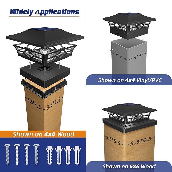 APONUO Solar Post Cap Lights with 8 RGB Colors and Multicolor Flow, Ultra-Bright Clear Lens, IP65 Waterproof for 4x4 5x5 6x6 Wood & Vinyl Fence Posts, 4 Pack Black