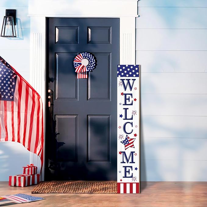 4th of July Welcome Sign for Front Porch, 250th Anniversary Memorial Day Wooden Porch Sign For Outdoor Patio, USA American Flag Standing Yard Sign Summer Door Signs for Garden Wall