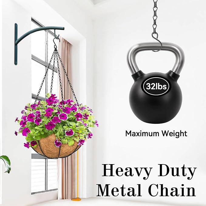 ZeeDix Complete Hanging Basket Kit – 2 Pack 16 Inch Wire Baskets with Coco Liners + 4 Pack 24 Inch Heavy Duty Black Chains for Indoor & Outdoor Garden, Patio, Balcony