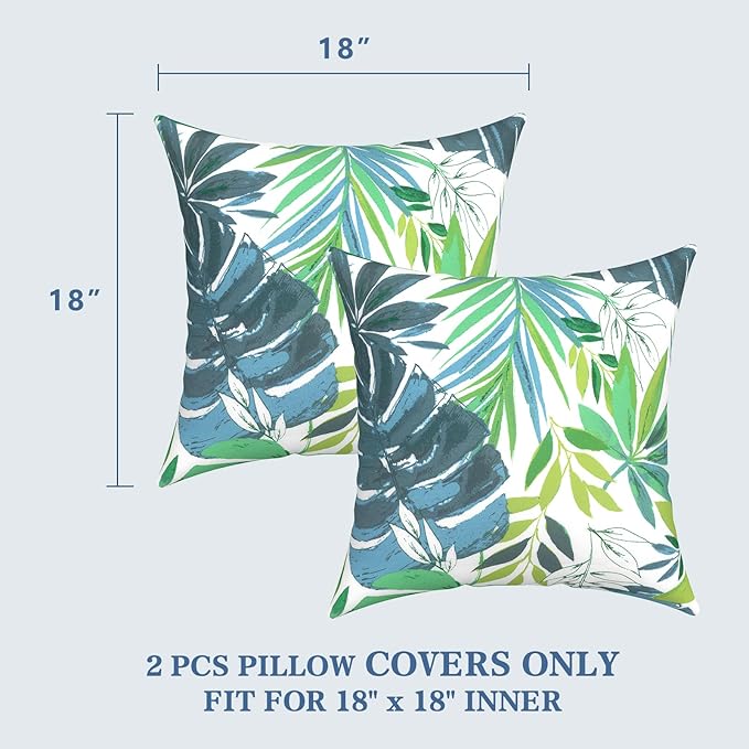 LVTXIII 2 Pack Outdoor Pillow Covers ONLY 18x18 Inch, Water-Repellent Square Decorative Cushion Covers for Patio Furniture, Garden, Sofa, Islamorada Blue Green