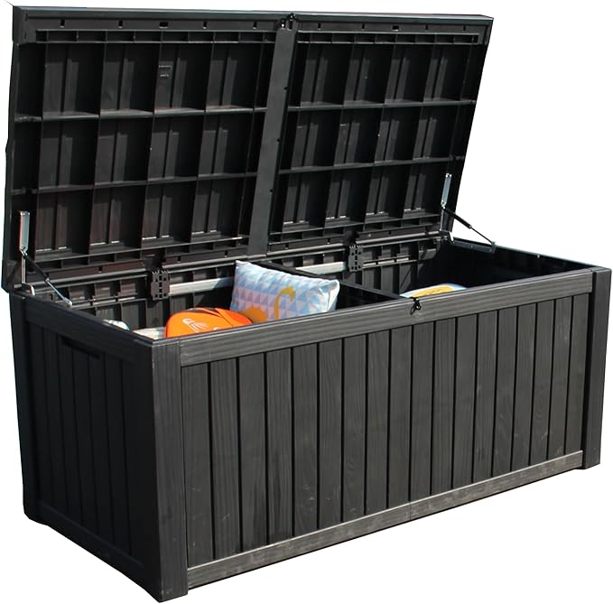 BTEXPERT 150 Gallon Outdoor Storage Container Deck Box with Metal Support Rods for Patio Furniture Garden Tools Cushions Waterproof Lockable UV Resistant Resin