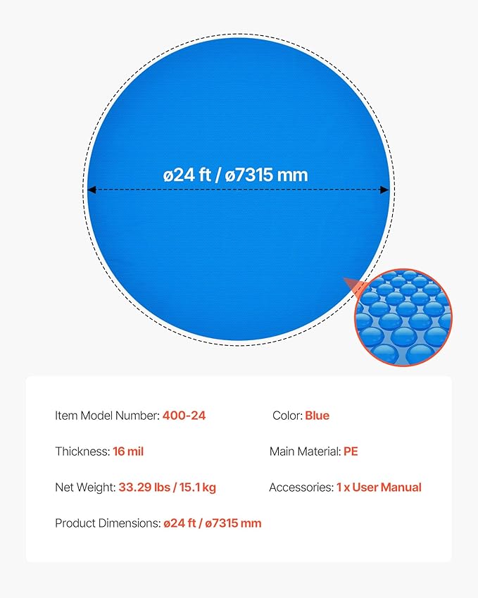 VEVOR Solar Pool Cover, 24 ft Round Pool Bubble Cover, 16 Mil Pools Solar Blanket with Bubble & PE Material, Daytime Heat Absorption, Nighttime Heat Retention, Heat Retaining Solars Covers, Blue