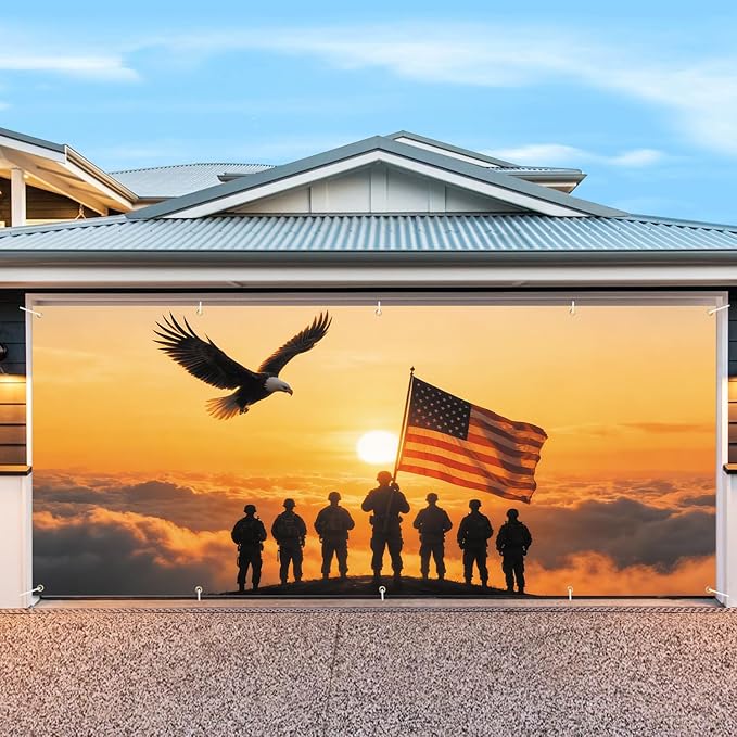 7 * 16FT Eagle flag Military Memorial Day Garage Door Cover Decorations Independence Day Garage Door Banner for Outdoor Indoor Patriot Party Photography Backdrop