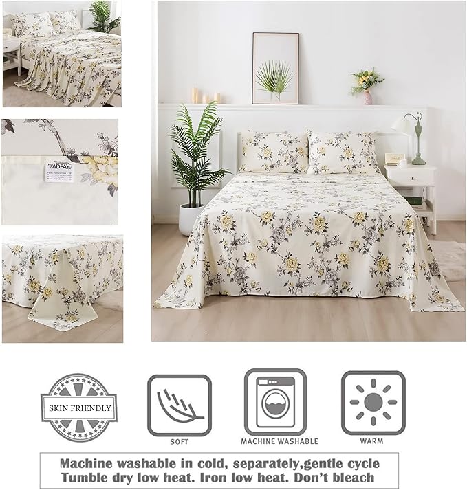 FADFAY Floral Sheets Set Cal King Vintage Rose Floral Bedding Shabby Grey and Yellow Peony Sheets 800 Thread Count 100% Egyptian Cotton Super Soft Deep Pocket Fitted Sheet 4Pcs, California King Size