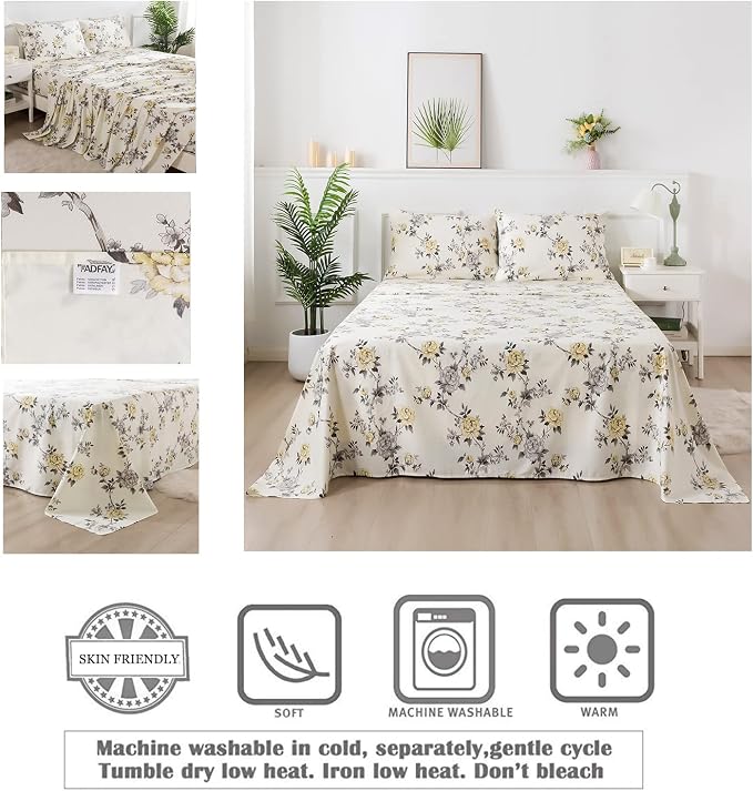FADFAY Floral Sheets Set Queen Vintage Rose Floral Bedding Shabby Grey and Yellow Peony Sheets Farmhouse Bedding 800 Thread Count 100% Egyptian Cotton Soft Deep Pocket Fitted Sheet 4Pcs, Queen Size