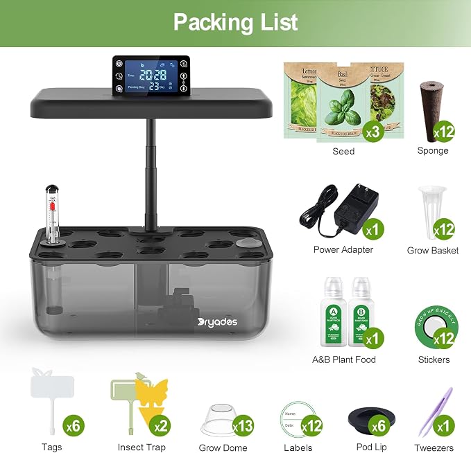 12 Pod Hydroponic Indoor Garden Kit Black with LED Grow Light, Herb Growing System with Seed Starter Kit, Compact Countertop Planter