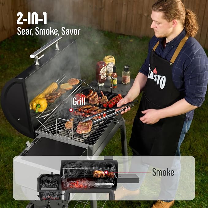 Feasto Heavy-Duty 30-Inch Charcoal Grill with Offset Smoker Grill | Side Table & 815 Sq. In Cooking Space, Outdoor BBQ Grill for Outdoor Barbecue in Backyard, Patio and Parties, Black
