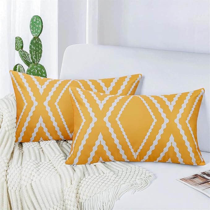 Adabana Outdoor Lumbar Waterproof Pillow Covers Set of 2 Boho Geometric Throw Pillows Cover for Patio Garden 12 x 20 Inch Yellow