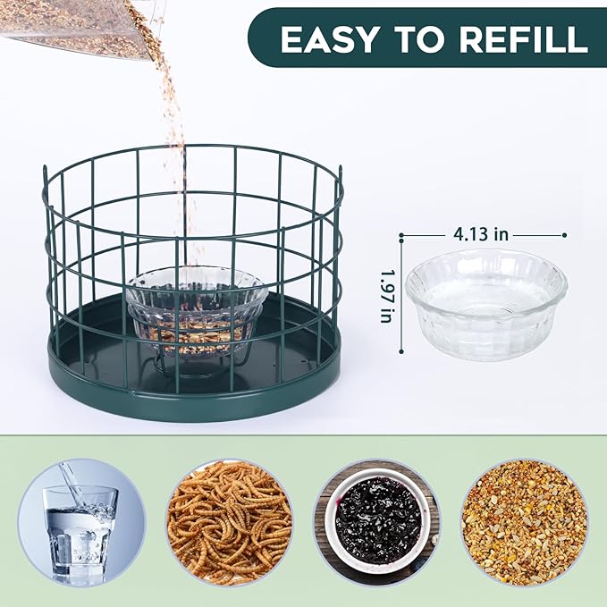 Gbekery Caged Bluebird Feeder for Mealworms with Glass Bowl, Squirrel Proof Bird Feeder for Small Birds Only, Detachable Hook, Large Space, Outdoors Weatherproof, Metal, Green