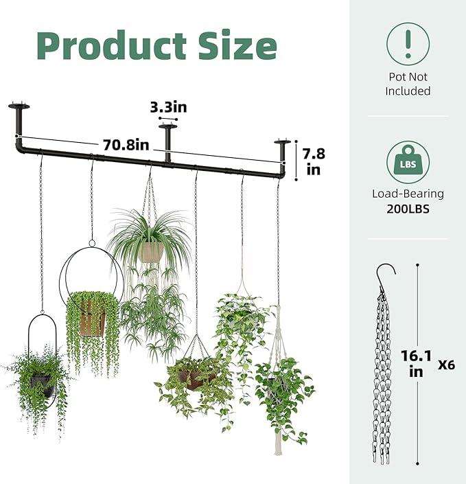 Galood Plant Hanger Indoor with 6 Hanging Chains Hanging Planters for Indoor Plants Hanging Plant Holder Window Plants Rod Black Metal Shelves(70.8 Inch Pot not Included