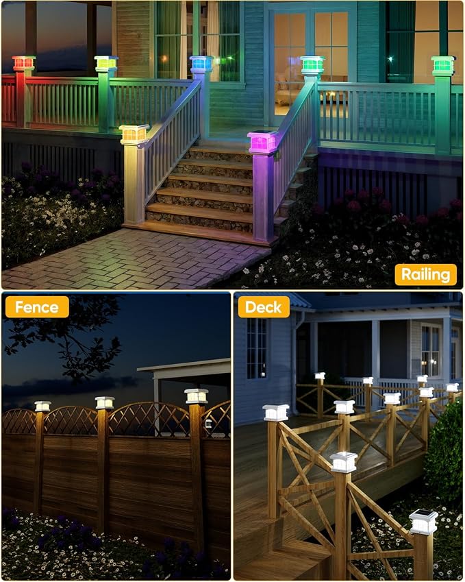 PARTPHONER RGBCW Solar Post Cap Lights 12-Pack, 9 Colors 3 Modes Fence Cap Lights, Bright Solar Outdoor Waterproof LED Deck Lighting for Fence Garden Deck Patio Porch Decor 4x4 Vinyl/Wood, White