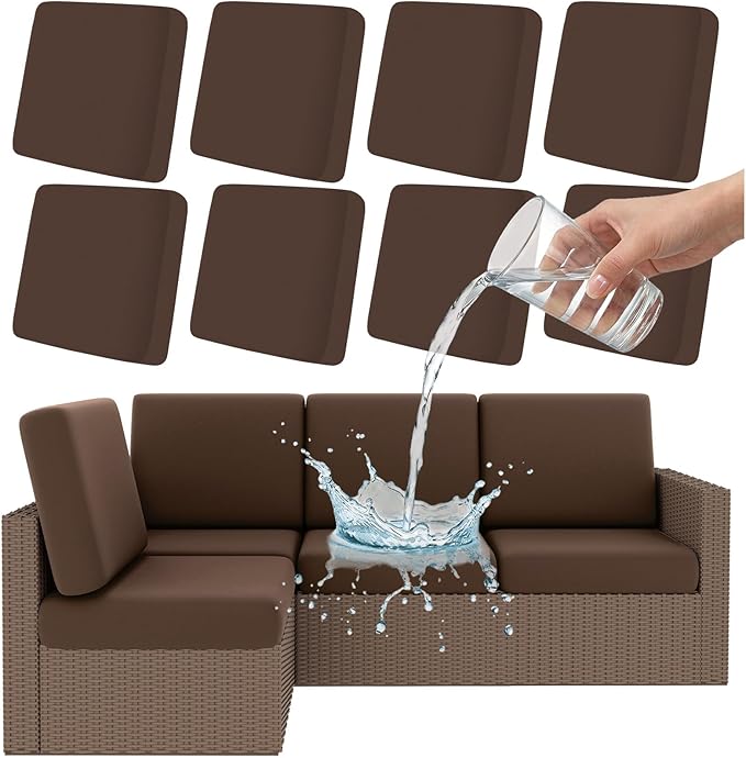 Smiry Waterproof Patio Cushion Covers, Stretch Outdoor Couch Slipcovers Replacement Washable Furniture Protector Sofa Chair Seat Cover for Dogs and Pets (8 Pcs, Coffee)
