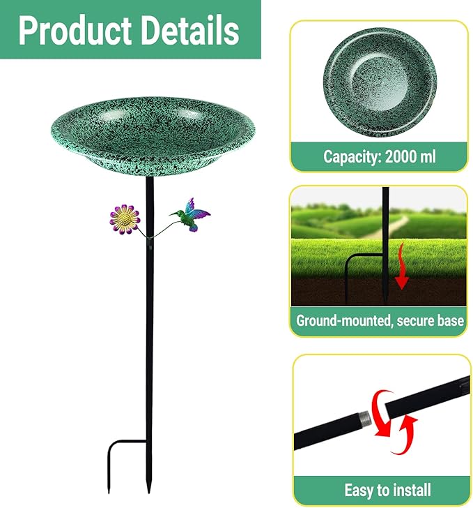 Freestanding Bird Bath for Outside, Metal Birdbath with Removable Bowl and Sturdy Base, 11.5'' Bird Feeder for Outdoors Garden Patio Yard Lawn Decor, Easy to Install(Green)
