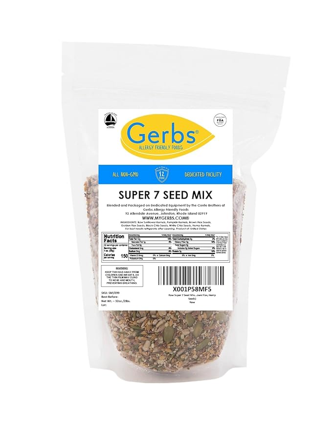 Gerbs Super 7 Seed Snack Mix 2 lbs. | Raw, No Artificial Additives, Resealable Bag | Crunchy Pumpkin, Sunflower, Brown & Golden Flax, Black & White Chia, Hemp | Top 14 Allergen-Free