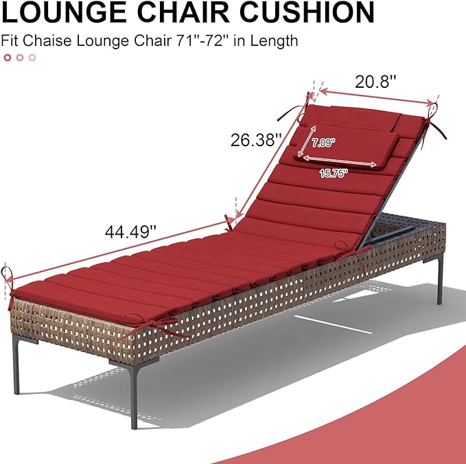 Crestlive Products Chaise Lounge Cushion Outdoor Set of 2, Foldable Waterproof Pool Lounge Chair Cushions with Straps, Lounger Cushions for Outdoor Furniture, 71''Lx21''W (Chili)
