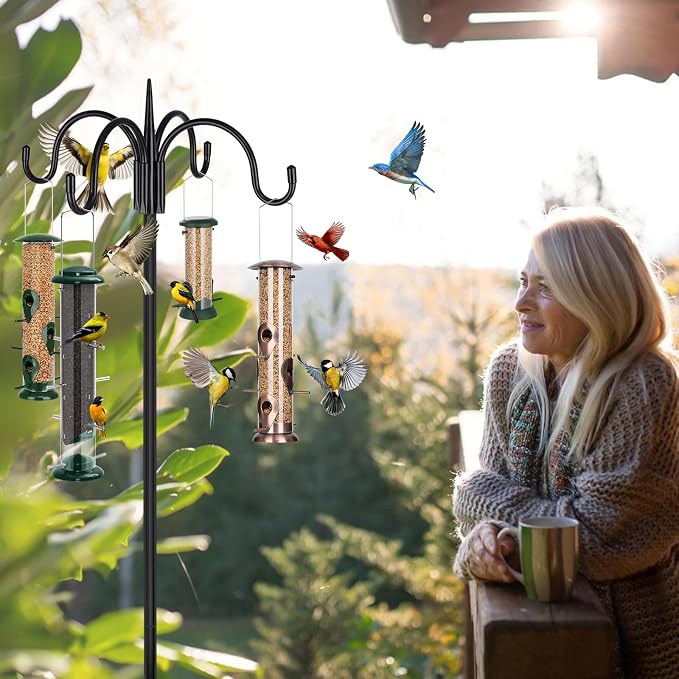 FEED GARDEN Heavy Duty Shepherds Hook 2 Pack 92" Four Hooks Adjustable (44/60/76/92") - Metal 5-Prong Base, 17lb Capacity - Easy Assembly Bird Feeder Pole for Hanging Planters, Lanterns, Wind Chimes