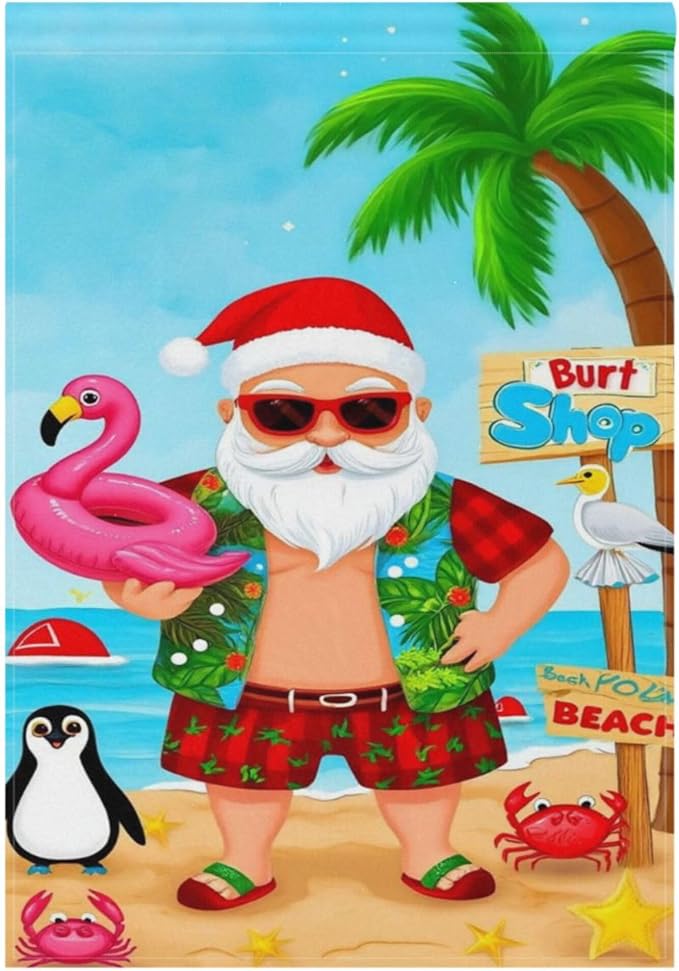 Christmas Beach Santa Claus House Flag 28x40 Inch Double Sided Outside Winter Penguin Flamingo Xmas Seasonal Yard Outdoor Flag Banner for Garden Lawn Patio Holiday Decorations