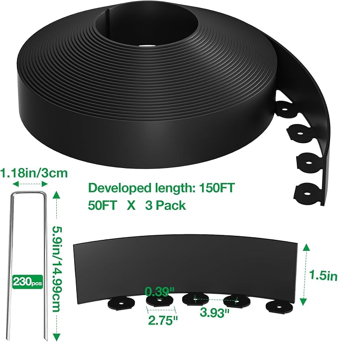 Bonviee 150FT Landscape Edging Kit, 1.5” No-Dig Garden Edging Border with 230 Stainless Steel Stakes, 3 x 50FT Flexible Lawn Edging for Flower Beds, Yard, Tree Rings & Landscaping