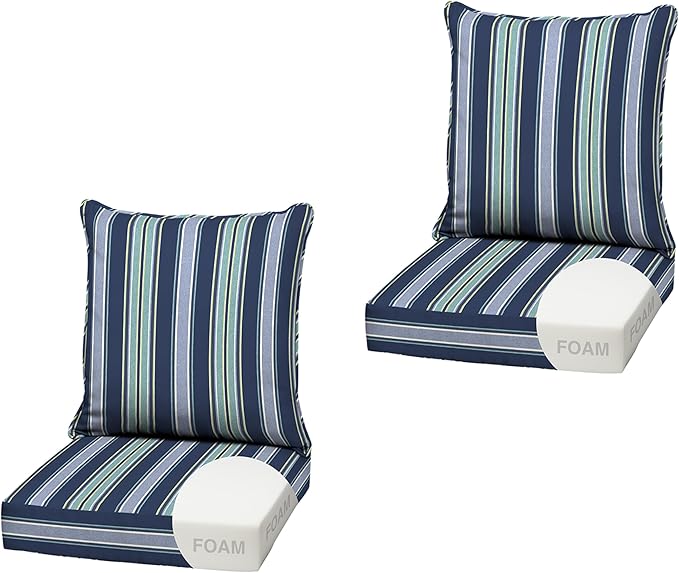 Arden Outdoor Foam Deep Seat Cushion (2-Pack), 22x24, Premium High-Density Foam, Never Flattens, Weather-Proof for Patio Chair Sofa Couch, Sapphire Aurora Blue Stripe