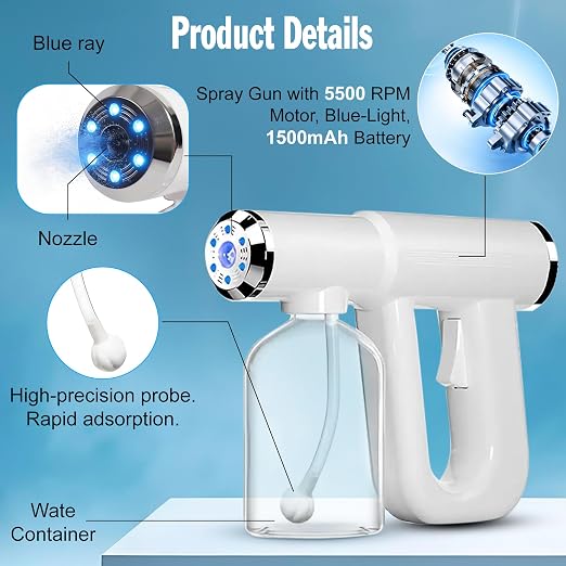 Cordless Disinfectant Fogger Machine with 300ML Tank - 1.5–2M Coverage Portable Barber Spray Gun with 5500 RPM Motor Blue-Light, 1500mAh Battery 55 Minutes Runtime - Handheld Fogger for Home Business