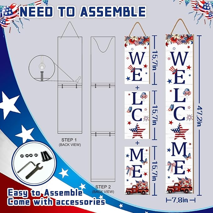 4th of July Patriotic Welcome Sign, American Flag Truck Wooden Porch Sign For Patio, 47" USA Flag Front Door Signs All Seasons Decor Standing Yard Signs Holiday Vertical Signs for Outdoor Indoor Wall Garden