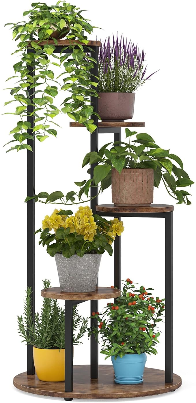 LITTLE TREE 5-Tier Corner Plant Stand, Free Standing Wood Metal Flower Rack Pot Shelf Display with Round Board, Garden Patio Balcony Plant Holder for Indoor Outdoor Living Room, Bedroom, Rustic Brown