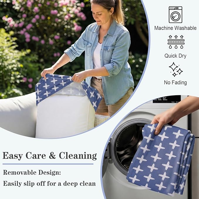 8 Pack Outdoor Cushion Covers Water Resistant High Stretch Fit Patio Cushion Covers 180g Couch Seat Slipcovers Machine Washable Pet & Kids Friendly Home Refresh 20-27 Inch, Navy Cross