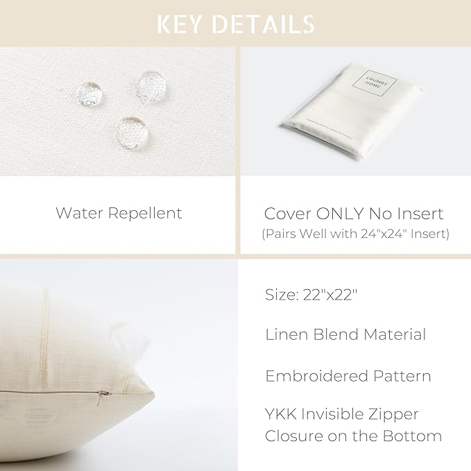 Crumbs Home Modern Farmhouse Fall Linen Indoor Outdoor Throw Pillow Cover Only, 22"x22" Water Repellent for Patio, Backyard, Couch, Neutral Beige Vertical Stripes