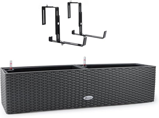Dexceder 31.5 Inch Self Watering Rail Window Box with Bracket (Deep Gray) | Thickened Large Rattan Planter Flower Plant Pot with Water Level Indicators Indoor Outdoor