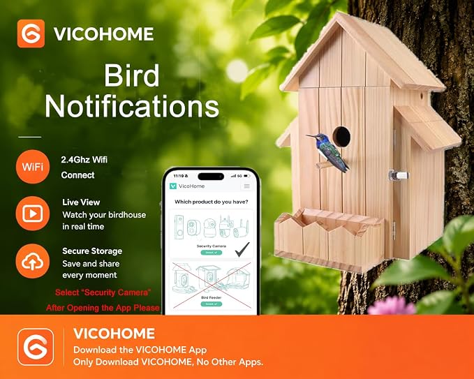 Smart Bird House with Camera, 1080p HD 2.4G WiFi Outdoor Bird Box. Features Auto Capture Bird Video & Motion Detection, Night Vision, App Alerts and Serves as a Bird Nesting Box (Natural, Normal)